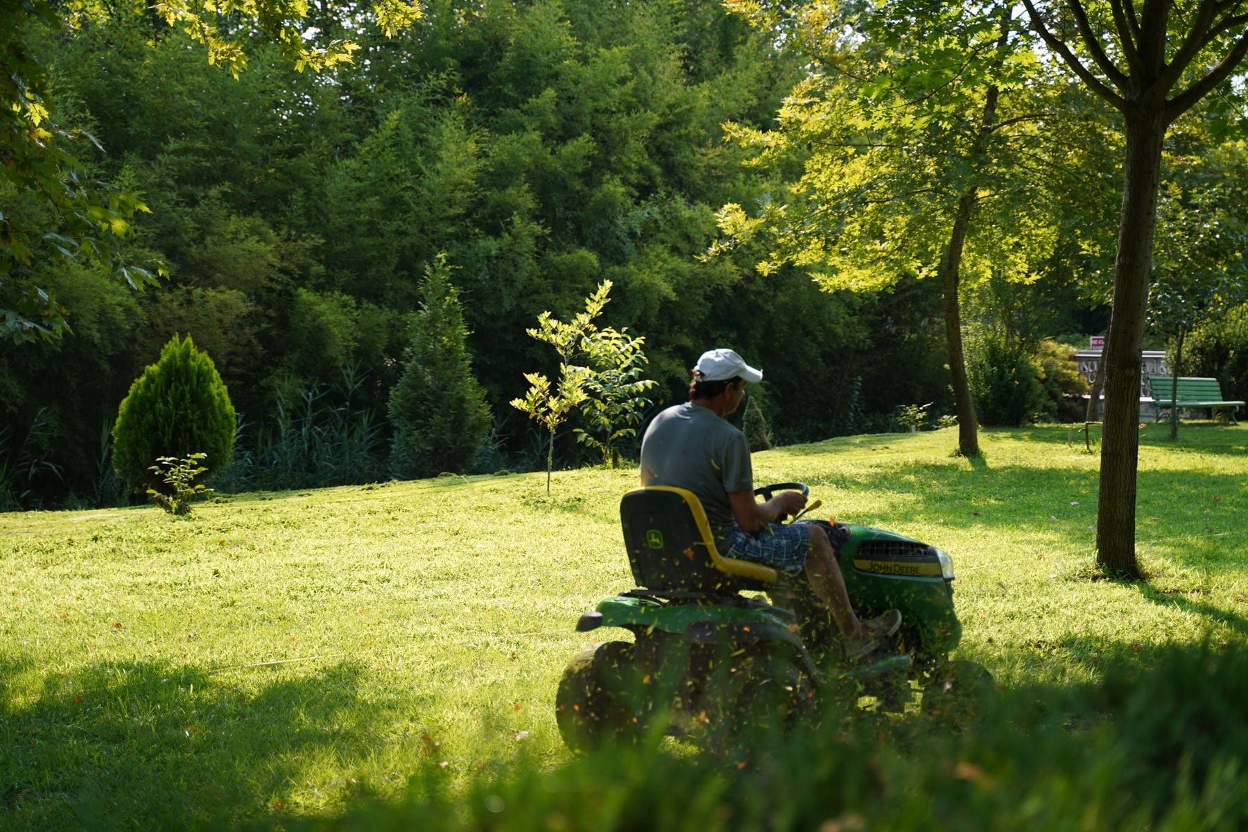 Groundskeeper mowing a lawn with a ride-on mower